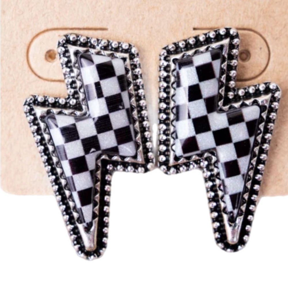 🔥Checkered Lightning Bolt Post Earrings🔥 Rocker/Edgy/Grunge Chic! BRAND NEW!